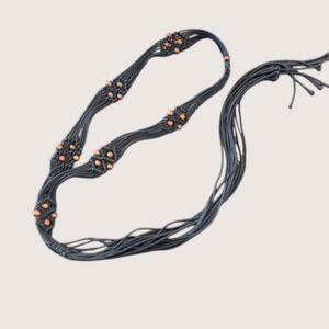 Boho Black Macrame Tie Belt with Brown Wooden Beads Multi Strand Fringe Detail